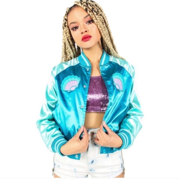 Iron Fist Mermaid for Life Varsity Style Short Bomber Jacket Juniors - Picture 1 of 10